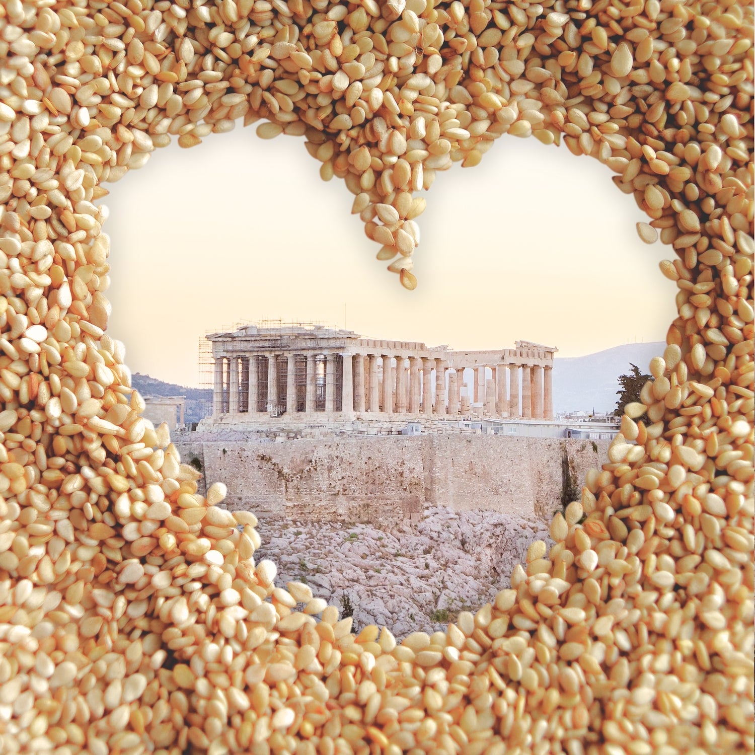 Greek Acropolis with Sesame Seed border in the shape of a heat