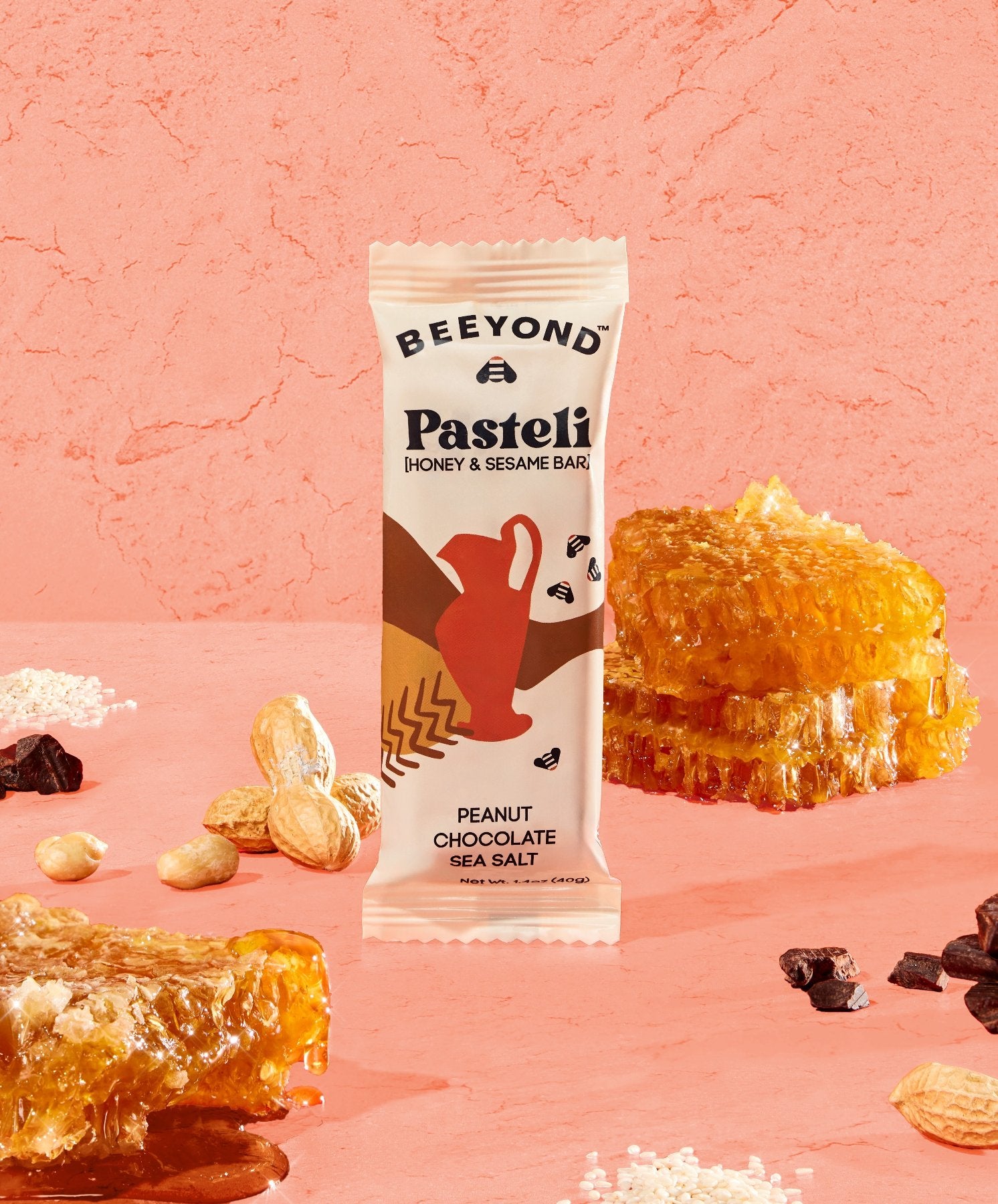 Beeyond Snacks Pasteli HoneySesame Bar Peanut Chocolate Sea Salt with honey comb